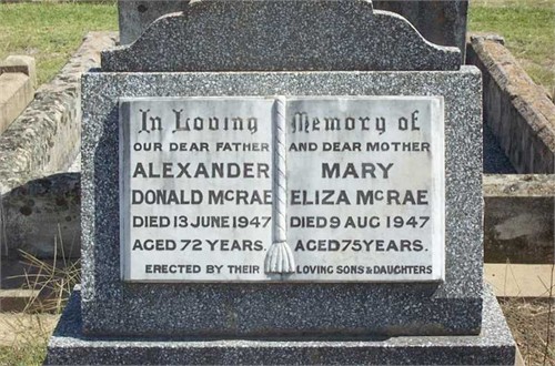 Photo of headstones/Alexander Donald McRae (son of Ann McLennan) d1947 hdstn Mudgee cem